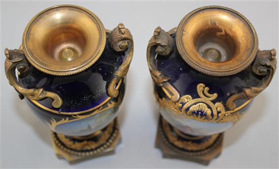 A pair of Sevres style ormolu mounted cobalt vases, late 19th century, 18.5cm